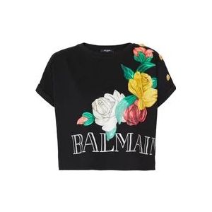 Balmain Vintage T-shirt met rozenprint , Black , Dames , Maat: M