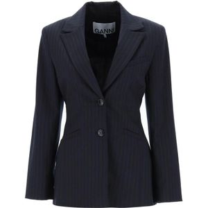 Ganni Gestreepte Blazer met Peak Revers , Blue , Dames , Maat: XS