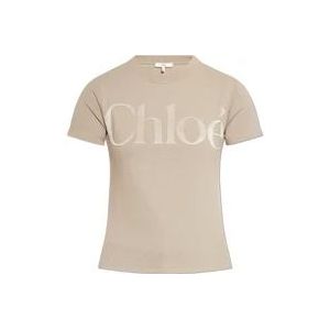 Chloé T-shirt met fluwelen logofinish , Beige , Dames , Maat: L