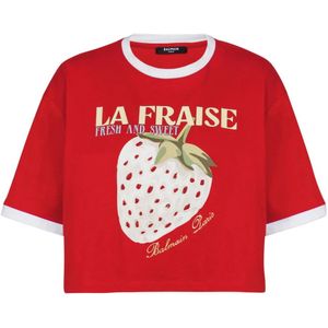 Balmain Cropped T-shirt met aardbeienprint , Red , Dames , Maat: XS