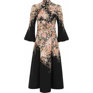 Zimmermann Zwart Rococo Bloemen Knoop Midi Jurk , Multicolor , Dames , Maat: M