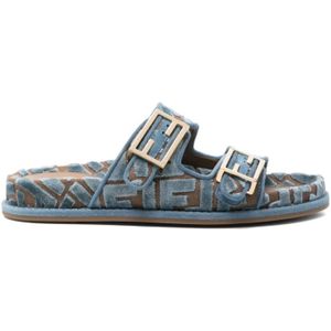 Fendi Blauwe Dubbele Gesp Platte Sandalen , Blue , Dames , Maat: 36 EU