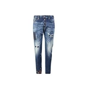 Dsquared2 Blauwe Jeans met Gescheurde Details en Bloemenpatch , Blue , Heren , Maat: M