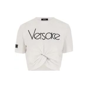 Versace Katoenen T-shirt met Logo Print , White , Dames , Maat: XS