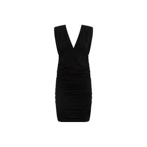 Pinko Zwarte V-hals jurk met gerimpelde details , Black , Dames , Maat: L