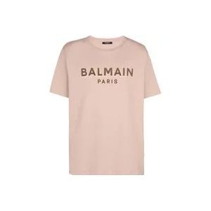 Balmain Oversized flocked logo T-shirt , Brown , Heren , Maat: S