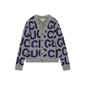 Gucci Intarsia Wol Cardigan met Logo , Gray , Heren , Maat: M