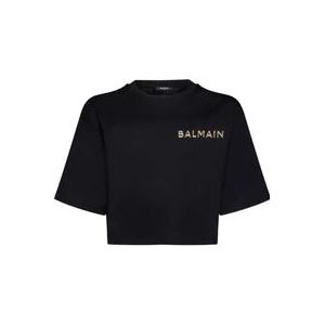 Balmain Zwart/Zilver-tone Logo Crew Neck T-shirt , Black , Dames , Maat: S