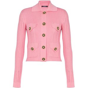 Balmain Geknipte geribbelde gebreide vest met ajourdetails , Pink , Dames , Maat: 2XS