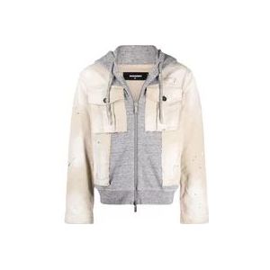 Dsquared2 Beige Jas met Capuchon en Paneeldesign en Logo Print , Beige , Heren , Maat: M