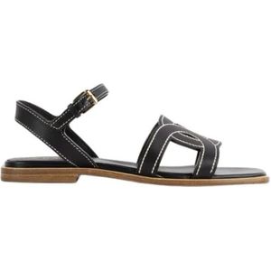 Tod's Zwarte leren platte sandalen , Black , Dames , Maat: 36 EU