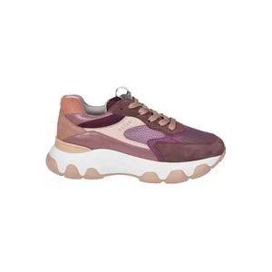 Hogan Pruimenkleurige Leren Sneakers met Stoffen Inzetstukken , Purple , Dames , Maat: 38 1/2 EU