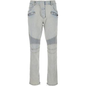 Balmain Biker Denim Broek Blauwe Wassing , Blue , Heren , Maat: W32