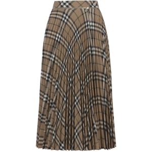 Burberry Geruite Geplooide Wollen Rok , Brown , Dames , Maat: 3XS