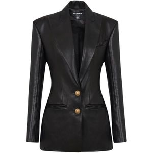 Balmain Leren jas met 2 knopen , Black , Dames , Maat: 2XS