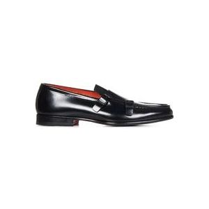 Santoni Zwarte leren platte schoenen met dubbele gespsluiting , Black , Heren , Maat: 40 EU