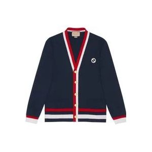 Gucci Blauwe Gestreepte Wollen Cardigan met Logo Patch , Blue , Heren , Maat: M