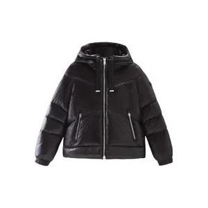 Woolrich Zwarte Satijnen Nylon Donsjas , Black , Dames , Maat: M