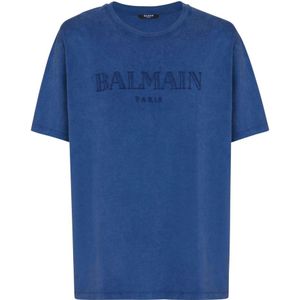 Balmain Los T-shirt met vintage borduurwerk , Blue , Heren , Maat: 2XS