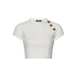 Balmain Witte Geribbelde Top met Gouden Knopen , White , Dames , Maat: XS