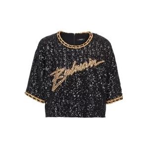 Balmain Cropped T-shirt with sequin embroidery , Black , Dames , Maat: XS