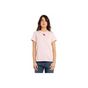 Pinko T-shirt met Geborduurd Hart en Logo Print , Pink , Dames , Maat: XS