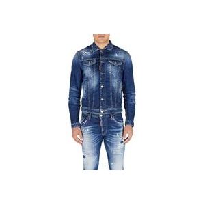 Dsquared2 Donkere Denim Jas met Rode en Witte Spetters - Maat 46 , Blue , Heren , Maat: L