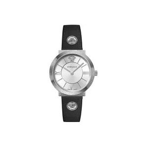 Versace Elegante Zilvergrijze Leren Quartz Horloge , Black , Dames , Maat: ONE Size