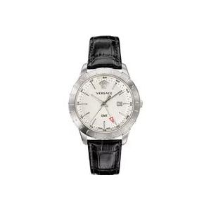 Versace GMT Zwart Leder Zilver Roestvrij Stalen Horloge , Gray , Heren , Maat: ONE Size