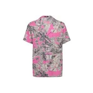 Balmain Kortemouw zijden pyjamashirt met Miami-print , Pink , Heren , Maat: XL