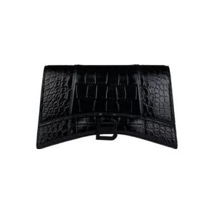 Balenciaga Zwarte krokodil-geëmbosseerde portemonnee aan ketting , Black , Dames , Maat: ONE Size