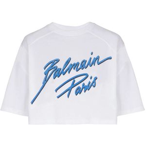 Balmain Geknipte T-shirt met flock Letter logo , White , Dames , Maat: M