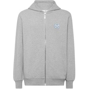 Philipp Plein - Hoodie - Grijs - Fleece van Katoenmix - Met Ritssluiting en Capuchon
