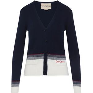 Valentino Garavani - Blauwe V-hals Sweater - Dames - Wol - Met Voorknoppen