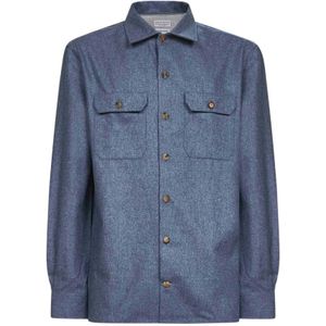 Brunello Cucinelli, Heren, Overhemden, Blauw, Maat: XL Wol,