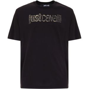 Just Cavalli - Shirt - Goud/Zwart - Ronde Hals - Kwartmouw