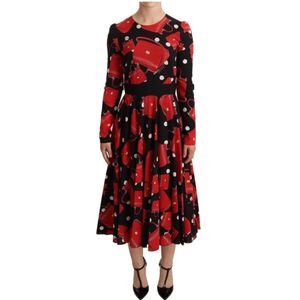 Dolce & Gabbana - Midi Dress - Zwart - Silk-Blend Sicily Bags Print