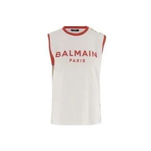 Balmain Katoenen Tanktop met Logo Detail , White , Dames , Maat: S