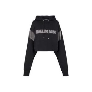 Balmain Bijgesneden sweatshirt met franjes en strass-steentjes , Gray , Dames , Maat: L