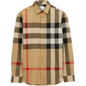 Burberry Check Closure Katoenen Shirt Beige , Beige , Heren , Maat: XS