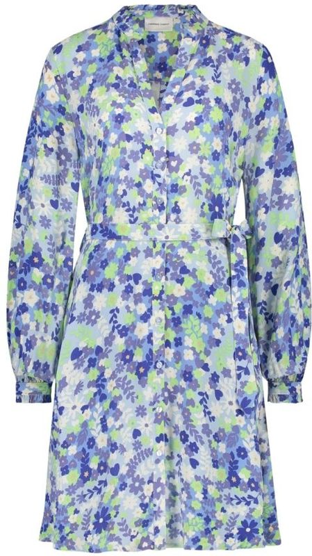 Fabienne Chapot - Dorien Frill Jurk - Blauw - A-lijn jurk - Uitbundige Bloemenprint