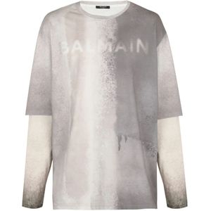 Balmain T-shirt van katoen met print. , Gray , Heren , Maat: XS
