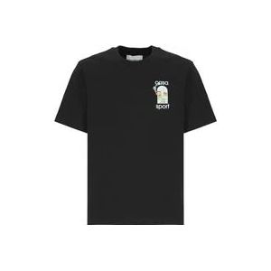 Casablanca Zwart Katoenen T-shirt Ronde Hals Logo , Black , Heren , Maat: S