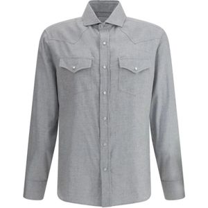 Brunello Cucinelli, Heren, Overhemden, Grijs, Maat: S Katoen,