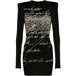 Balmain Korte jurk met 'Liefdesbrief' borduurwerk , Black , Dames , Maat: 2XS