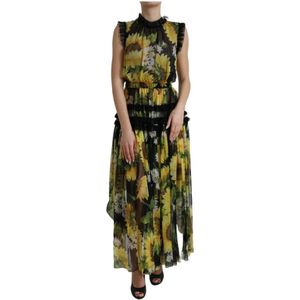 Dolce & Gabbana - Maxi Jurk - Zwart - Zonnebloemprint - 100% Zijde