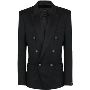 Balmain Wollen blazer met dubbele rij zilverkleurige knopen , Black , Heren , Maat: L