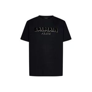 Balmain Zwarte Geribbelde Crewneck T-shirts en Polos , Black , Heren , Maat: L