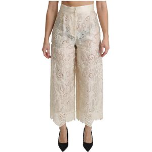 Dolce Gabbana - Lace High Waist Palazzo Cropped Pants - Crème - 62% Zijde