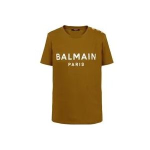 Balmain Katoenen T-shirt met logoprint , Green , Dames , Maat: XS
